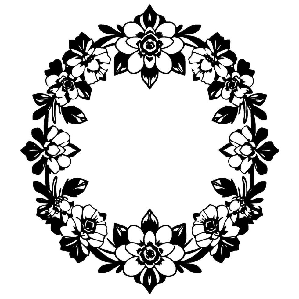 elegant monochrome floral wreath featuring stylized blossoms and leaves arranged in a circular composition against a blank white background. vector