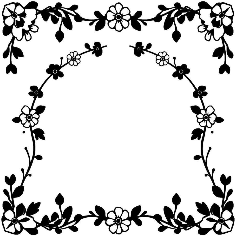 intricate black and white floral frame elegant botanical border with stylized blooms, leaves, and curved stems. vector