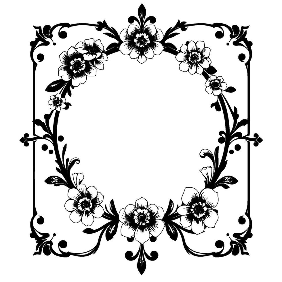 intricate black and white floral wreath and frame with detailed flower petals, leaves, and border flourishes. vector