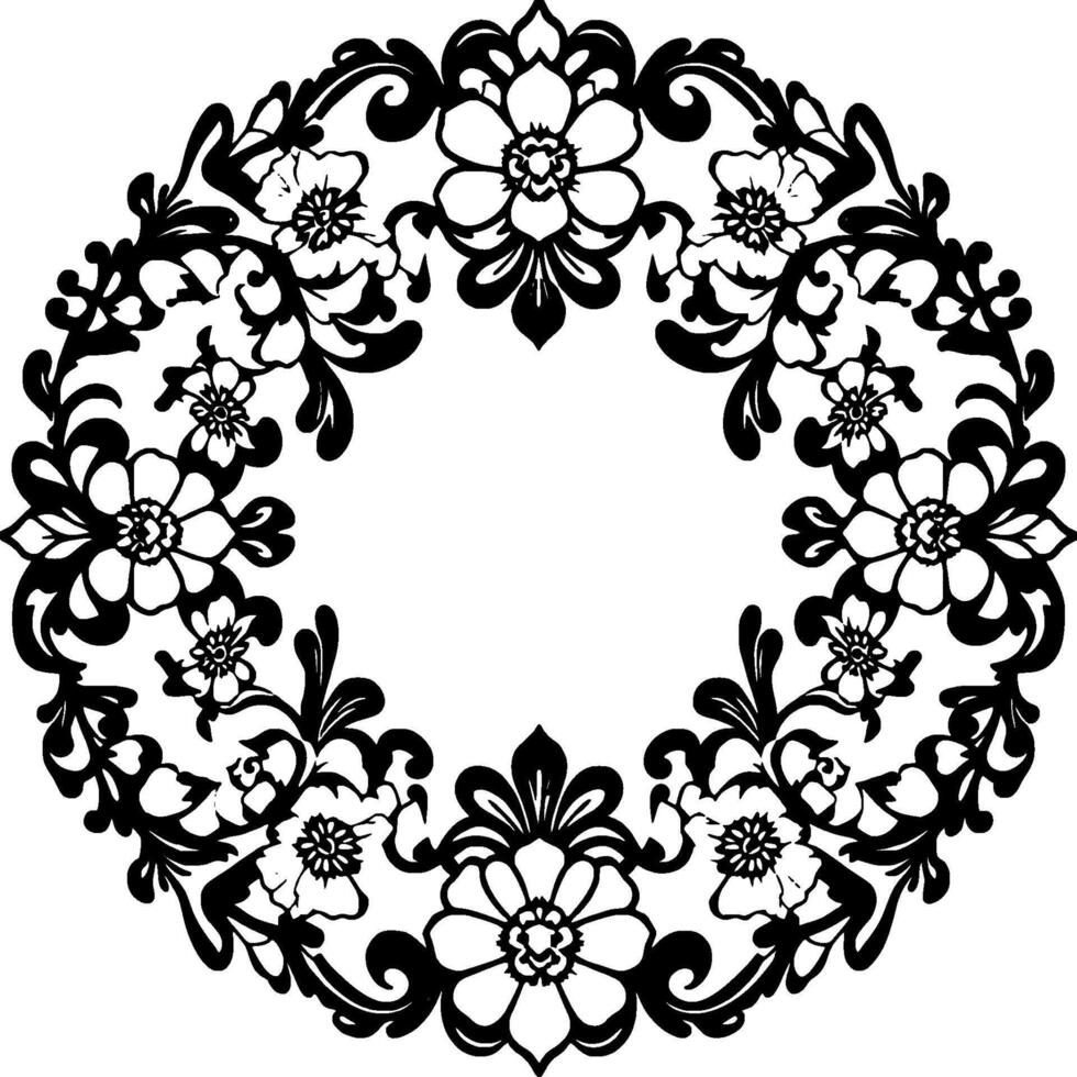 intricate black and white floral wreath, baroqueinspired with ornate leaf details and circular symmetry. vector