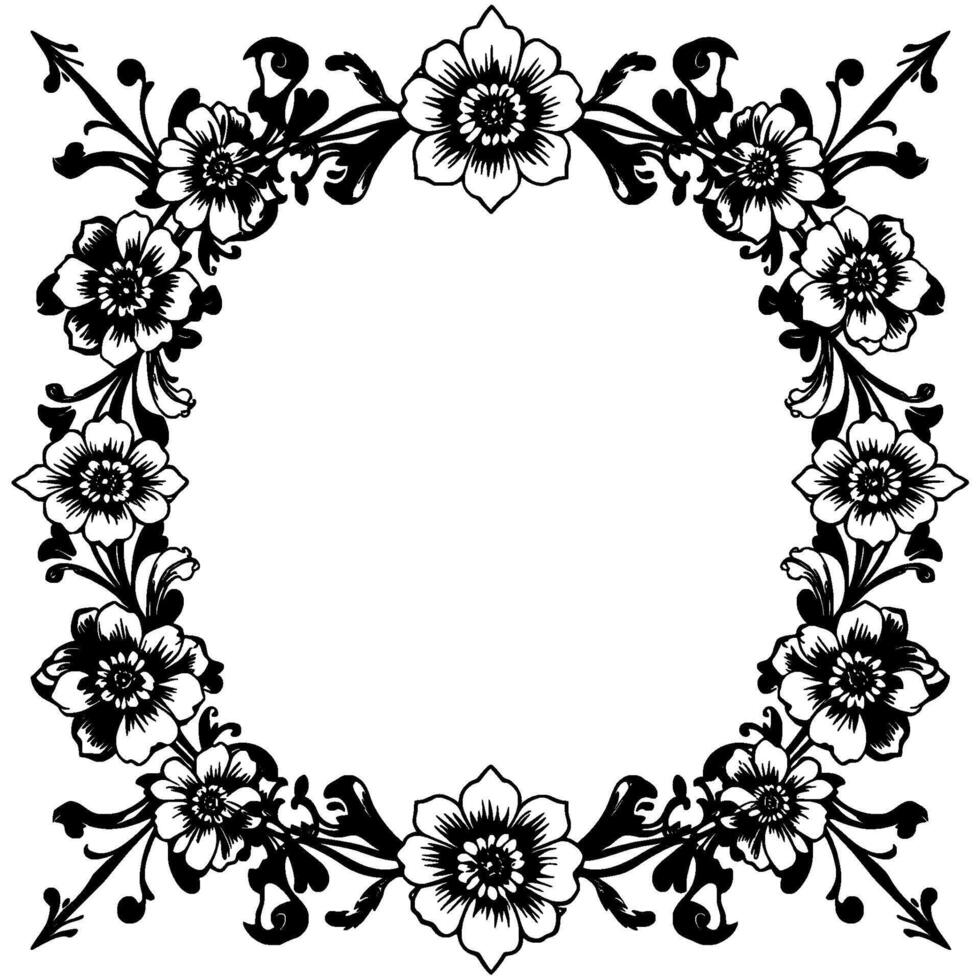 intricate black floral frame with ornate details, decorative border for elements, isolated on white background. vector