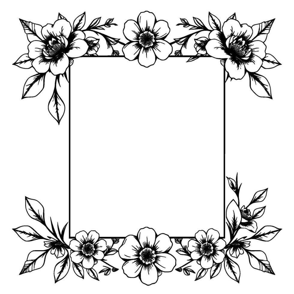 intricate black and white floral frame, square border, botanical with detailed line art, perfect for invitations and decorative purposes. vector