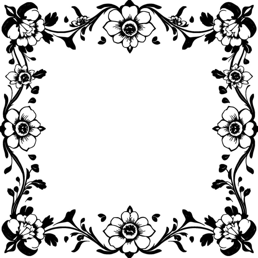 intricate black and white floral frame , with symmetrical arrangement of flowers, leaves, and stems, creating an elegant border. vector