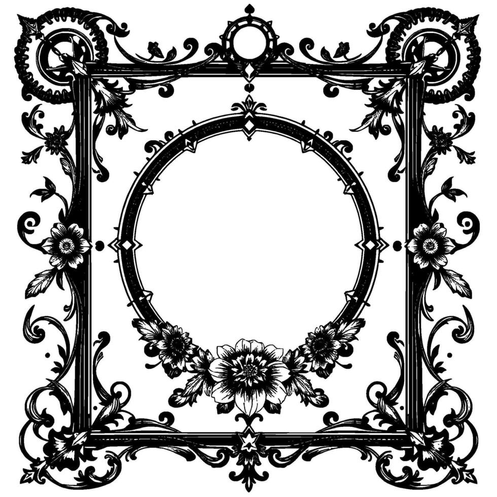 intricate black and white floral frame with ornamental details and circular center, elegant . vector