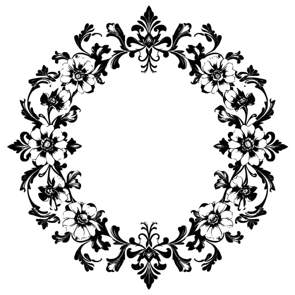 elegant floral wreath a detailed black and white illustration of a circular frame adorned with stylized flowers, leaves, and ornamental flourishes, perfect for . vector