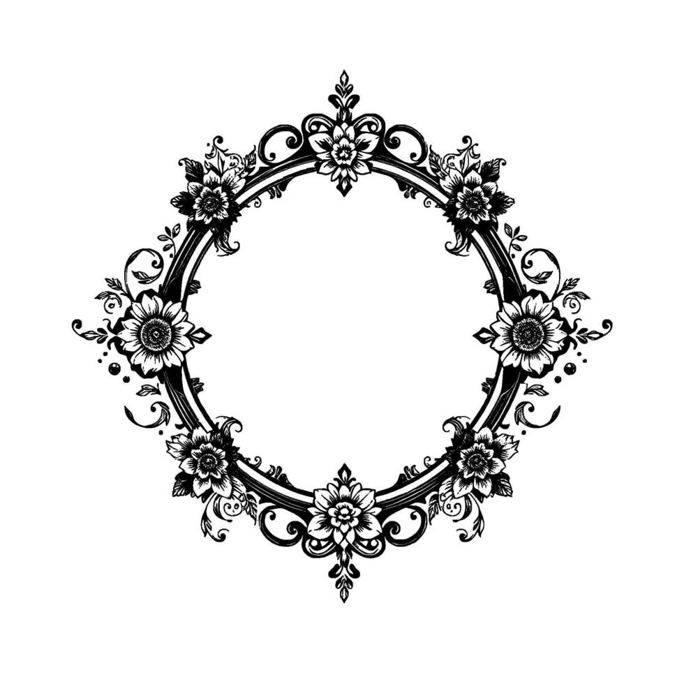 elegant black and white floral border, circular frame with detailed flower, leaf, and swirl decorations, isolated on white. vector