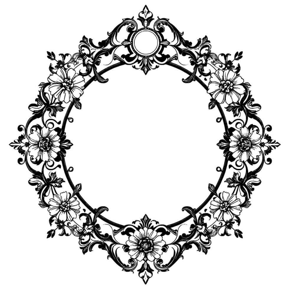 intricate black and white floral decorative frame, circular with ornate flourishes and detailed botanical elements. vector