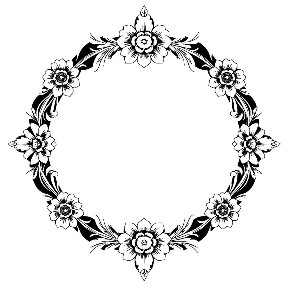 elegant circular floral frame in black and white, featuring detailed flower and leaf motif, ornate , suitable for decoration. vector
