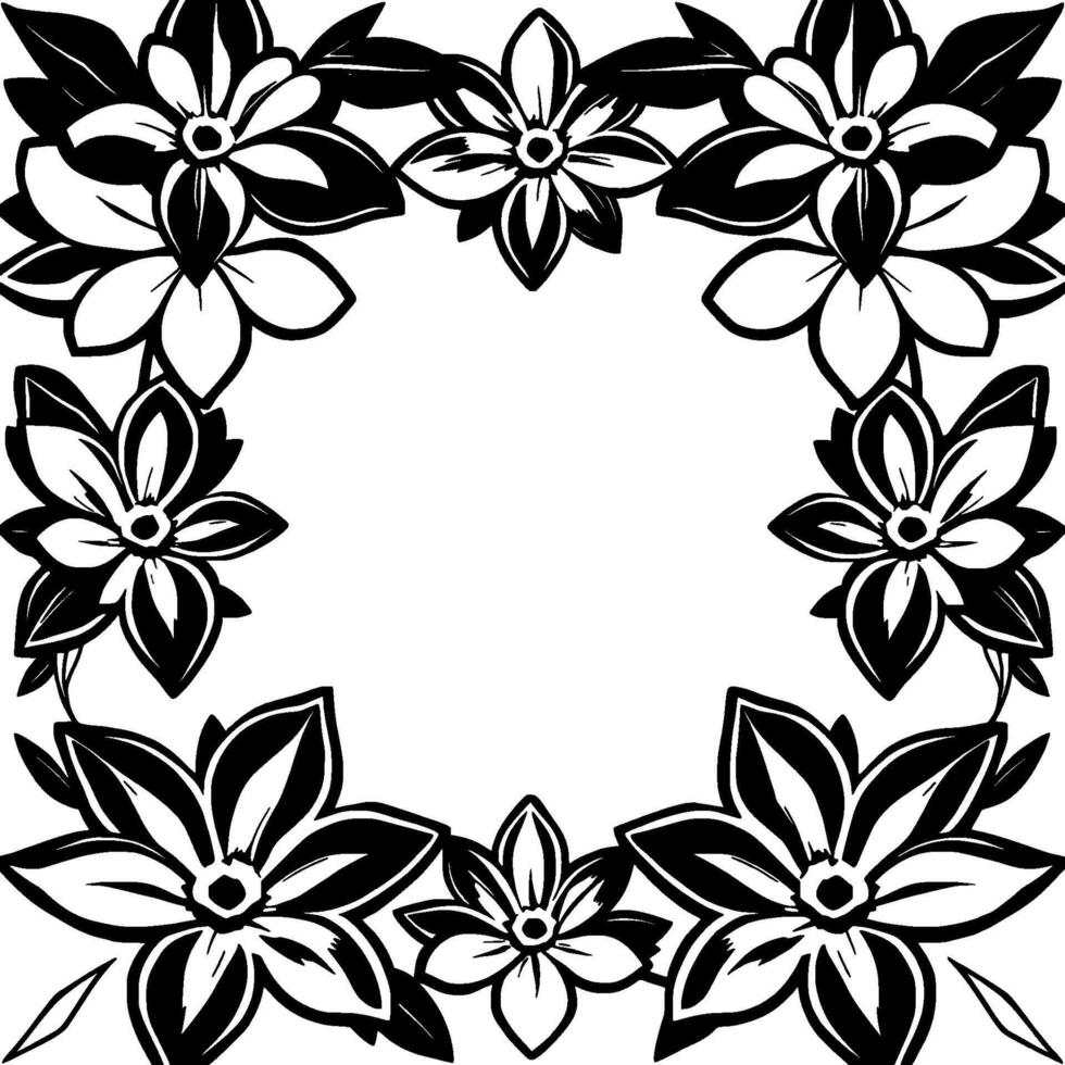 elegant black and white floral frame a symmetrical arrangement of stylized flowers and leaves forms an ornamental border. vector