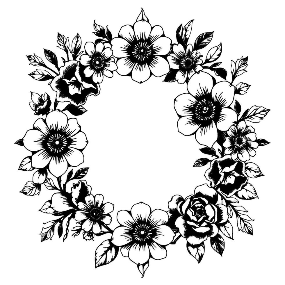 intricate black and white floral wreath composition, showcasing detailed line art depicting varied blossoms, roses, and leaves, forming a circular arrangement with a clean background. vector