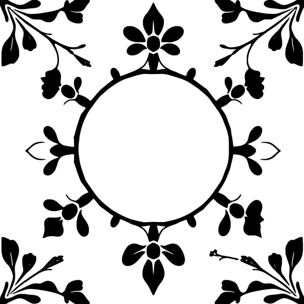 ornate black floral circular frame on white background, symmetrical with blossoms and foliage border vector
