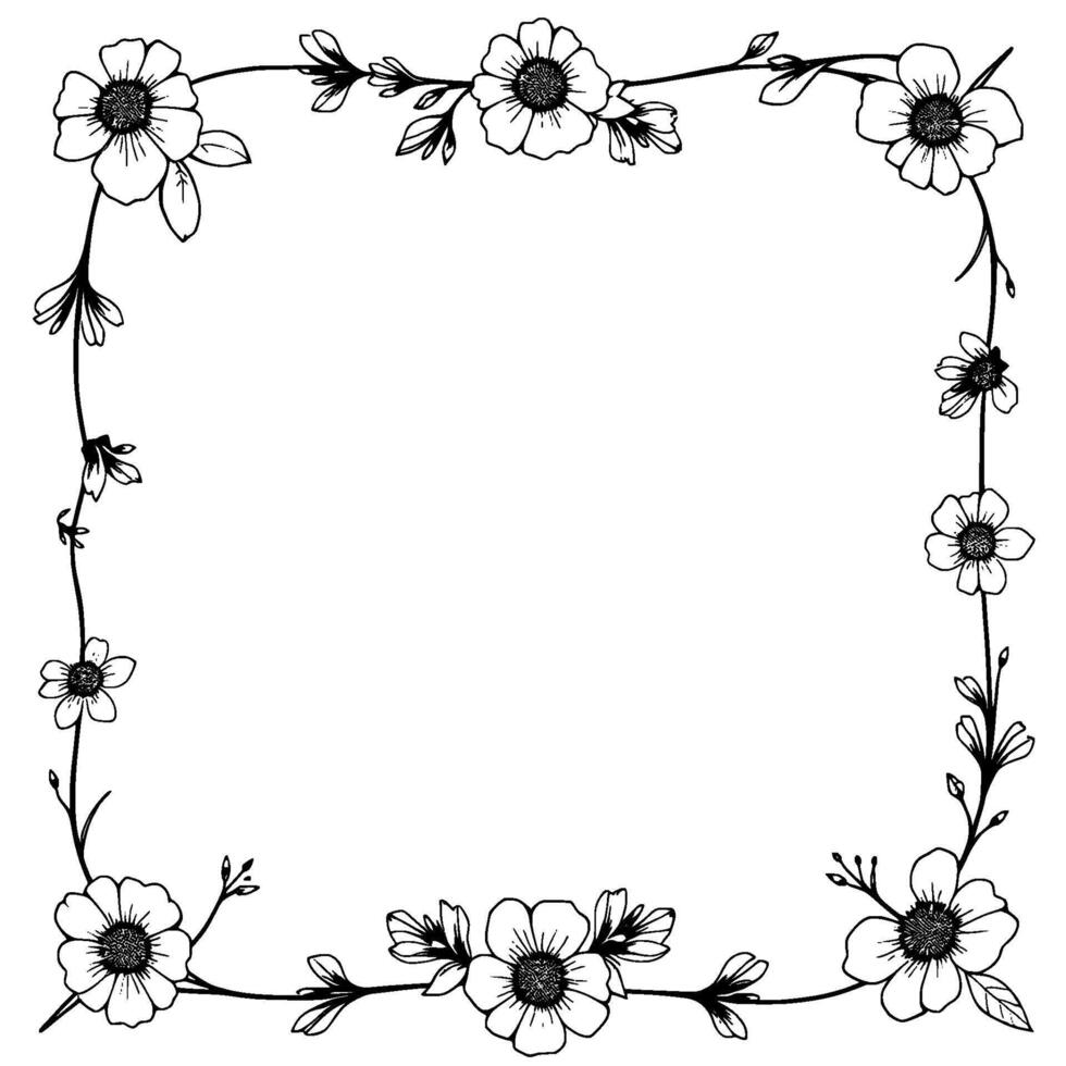 minimalist black and white floral frame featuring detailed petals, leaves, and delicate vines encircling a blank center. vector