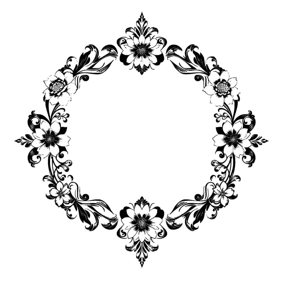 elegant black and white floral oval frame with detailed blossoms, leaves, and swirling patterns, perfect for decorative uses. vector