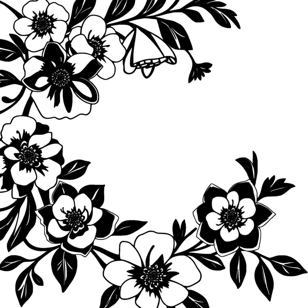 elegant black and white floral border with detailed blooms, leaves and bellshaped flowers, isolated on white. vector