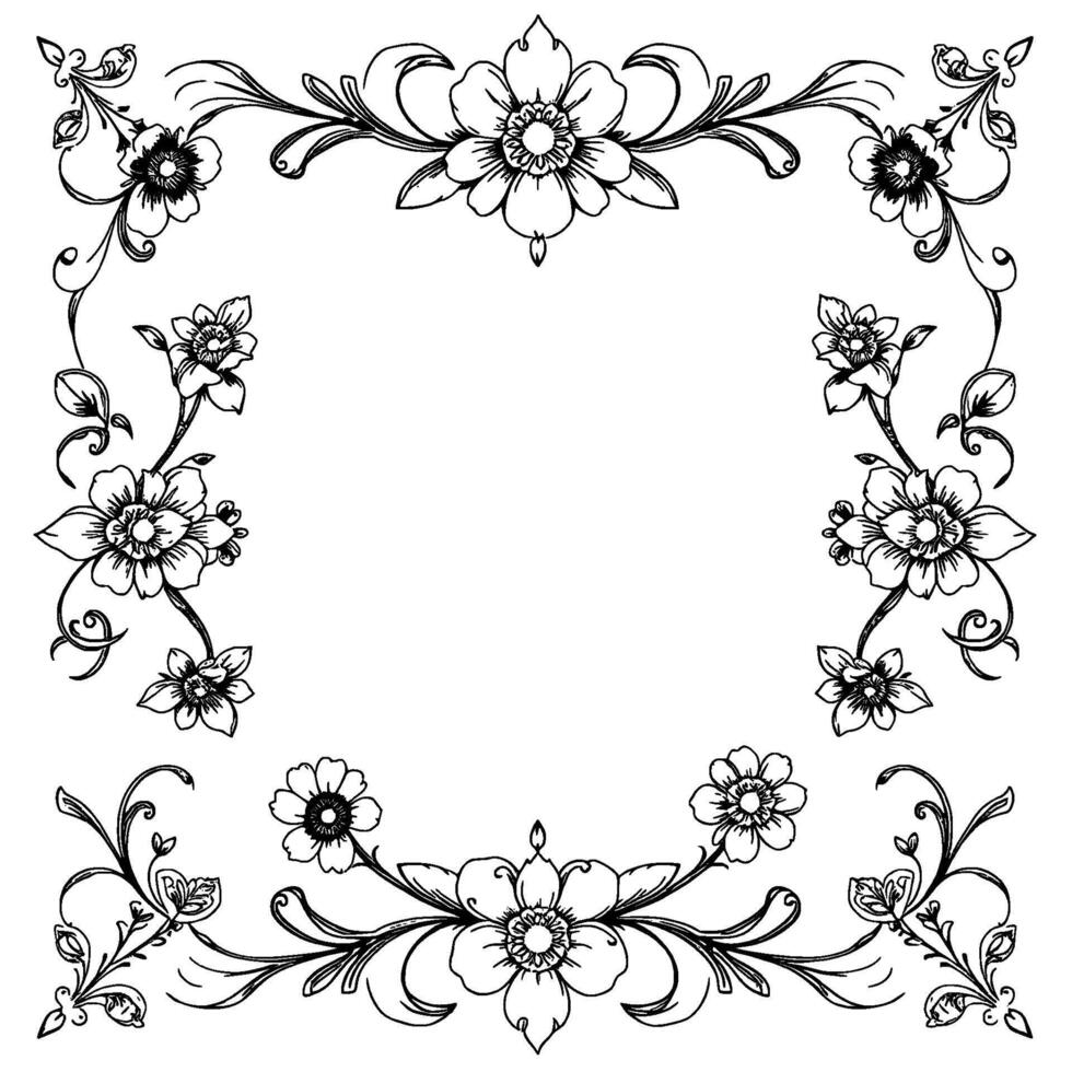 intricate black and white floral frame illustration with detailed line art, decorative edges and isolated on white background. vector