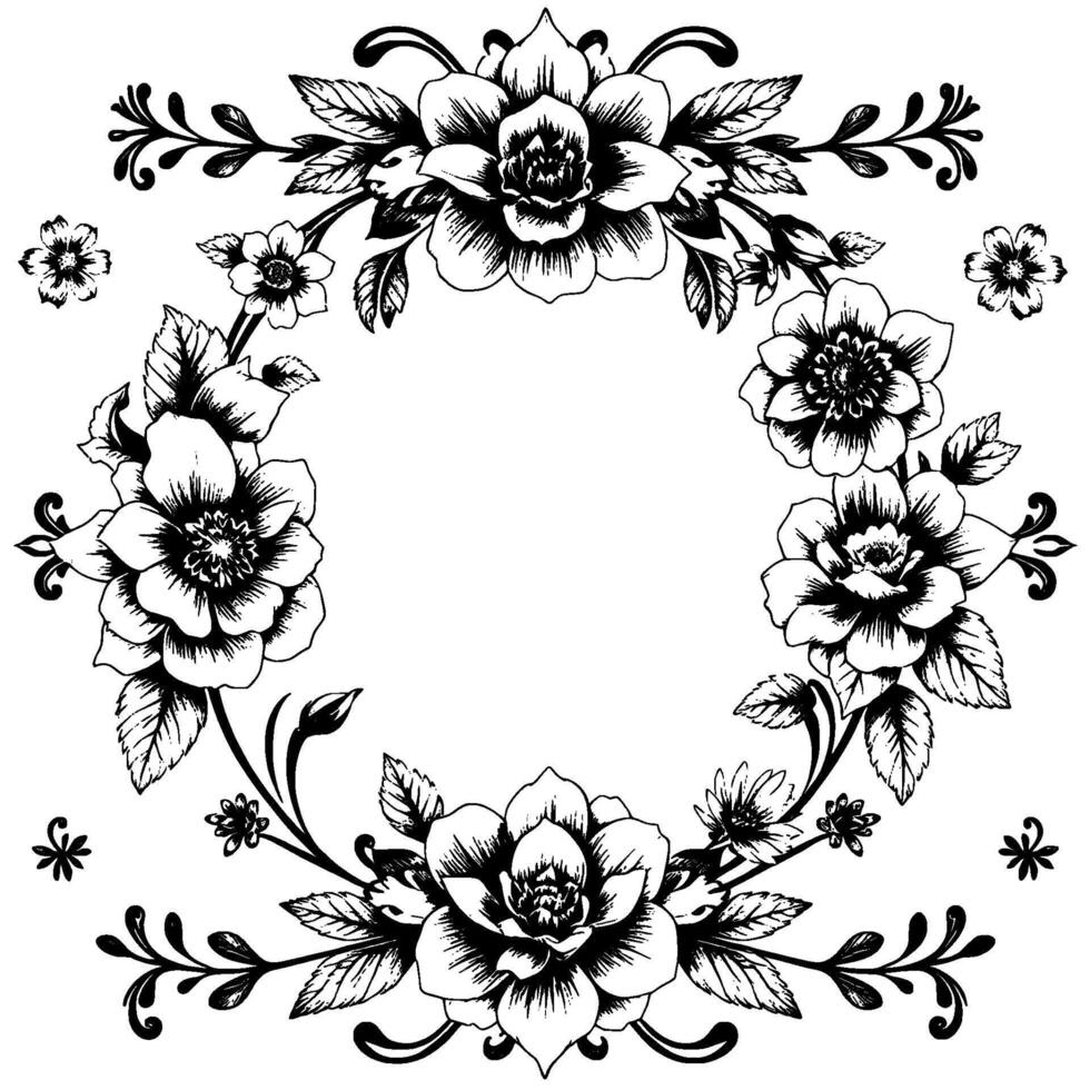intricate black and white floral wreath, detailed pen and ink style illustration with large blossoms, leaves, and decorative flourishes, arranged symmetrically. vector