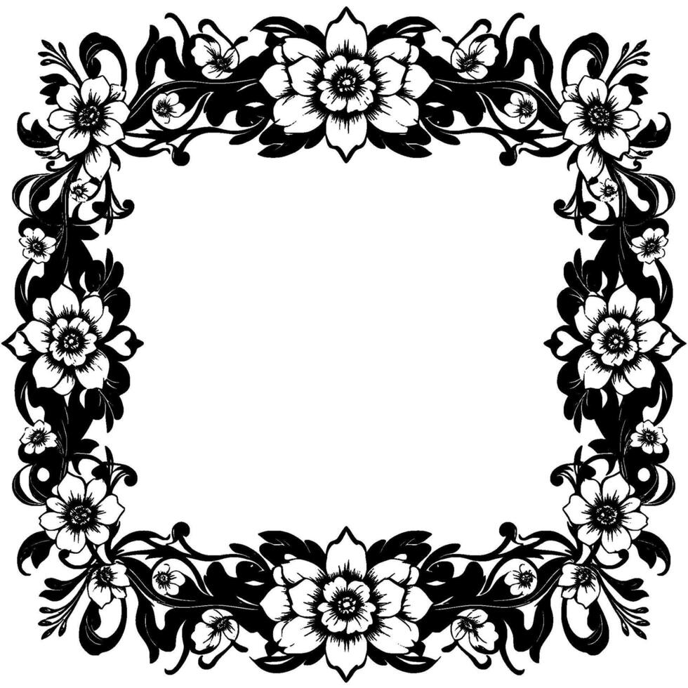 intricate black and white floral frame , featuring detailed flower and foliage pattern with a square empty space at the center. vector