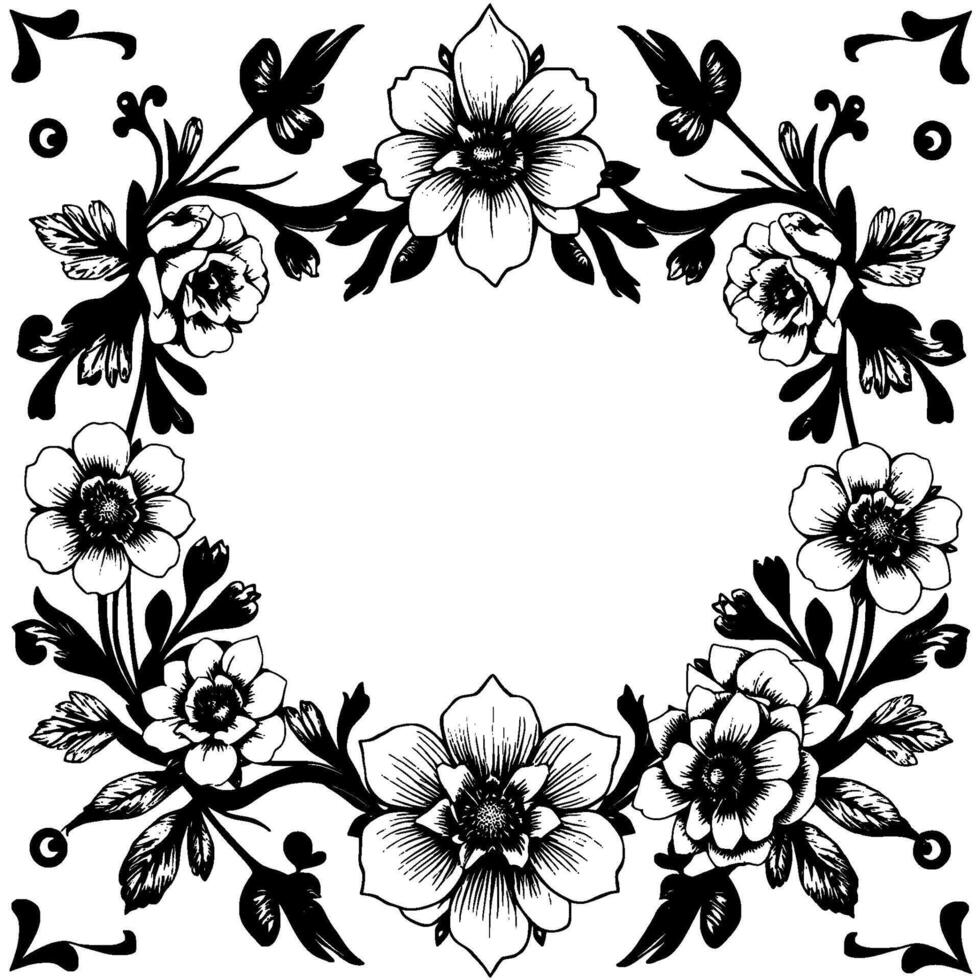 ornate floral frame a symmetrical black and white botanical illustration featuring an open space encircled by stylized flower arrangements and decorative flourishes. vector
