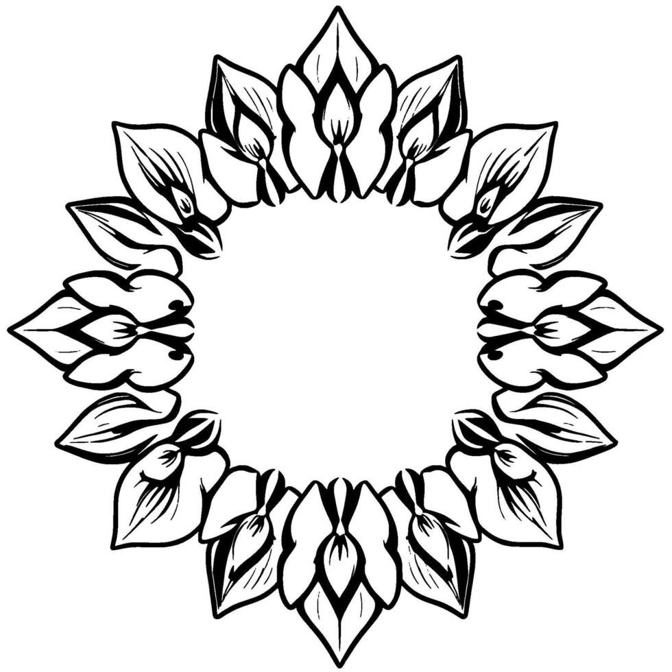 intricate black and white floral mandala with a circular composition, showcasing detailed petal arrangements. vector