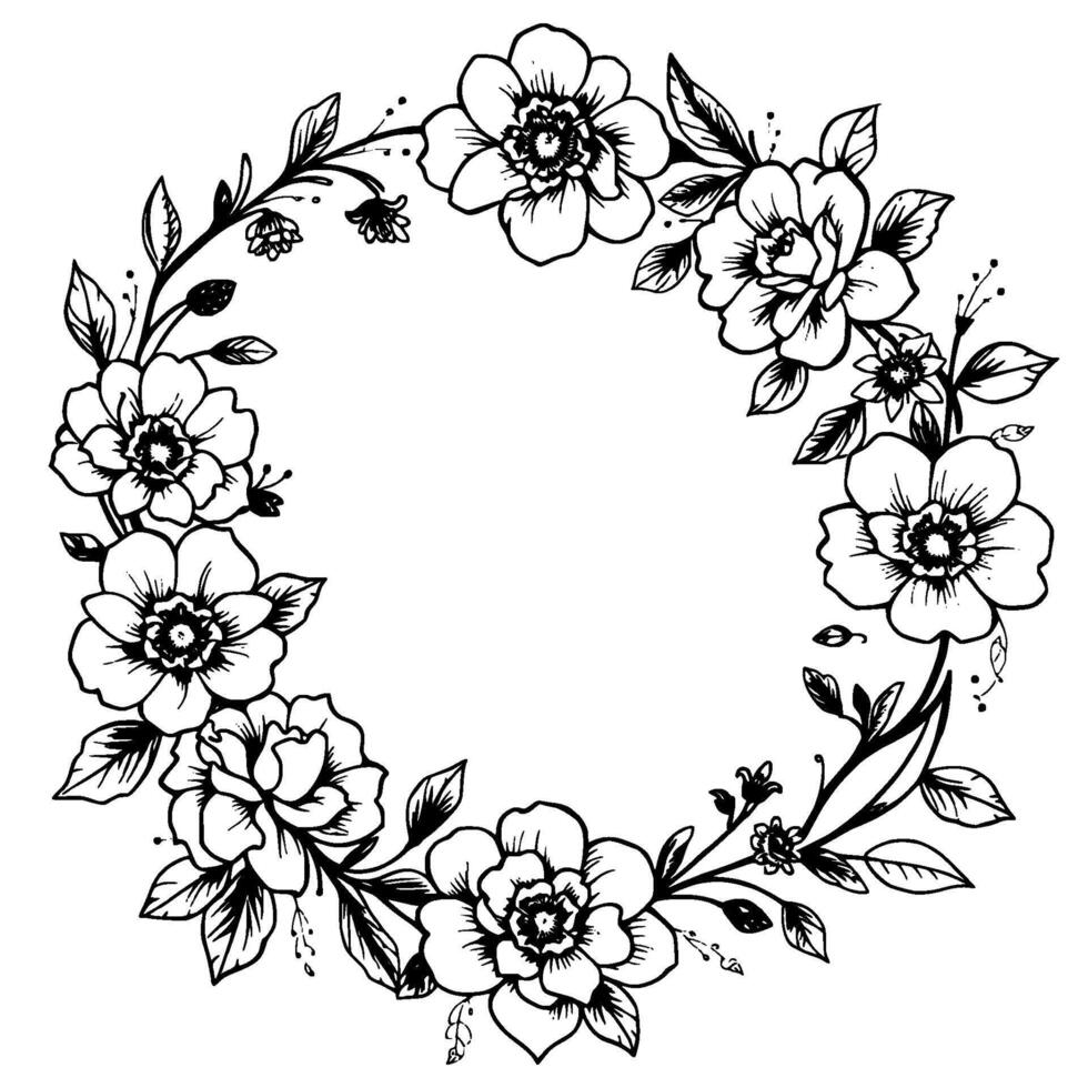 elegant floral wreath detailed black and white line art featuring blooming flowers, leaves, and delicate vines arranged in a circular composition. vector