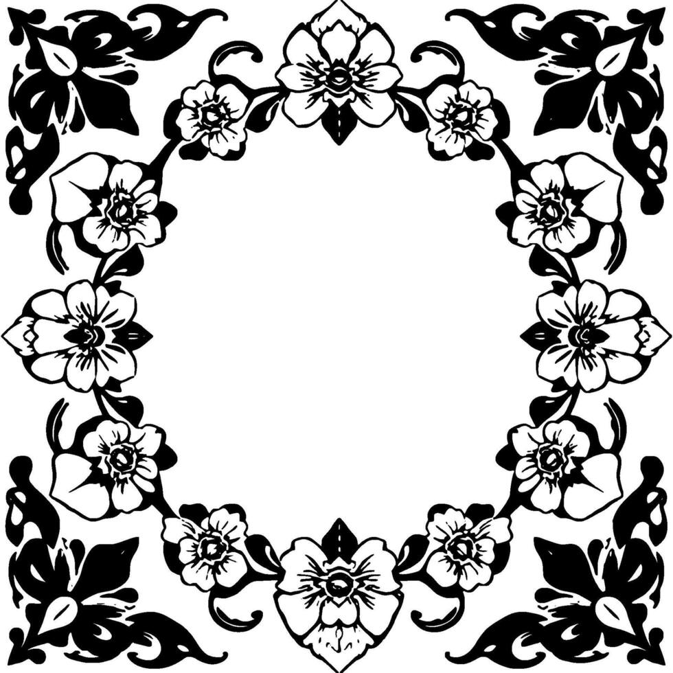 circular floral in black and white a symmetrical pattern of stylized flowers, leaves, and curved elements forming a border. vector