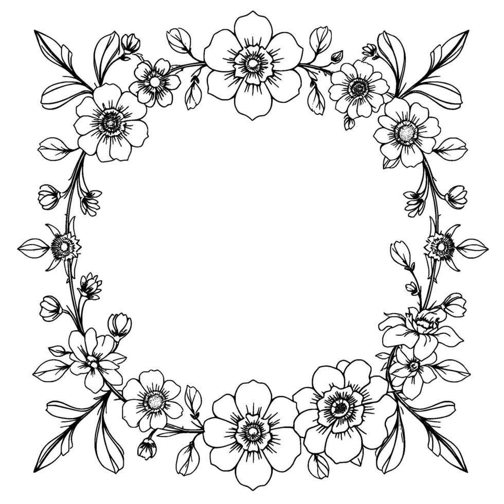 elegant floral wreath illustration in a monochromatic line art style, showcasing detailed blossoms and foliage in a circular composition. vector