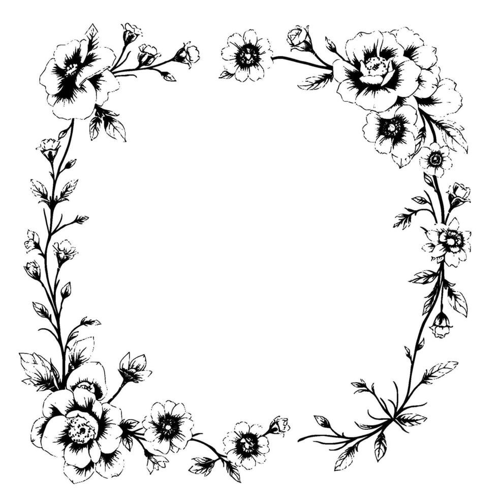 intricate black and white floral frame with detailed petals, leaves, and stems, creating a delicate and elegant border. vector