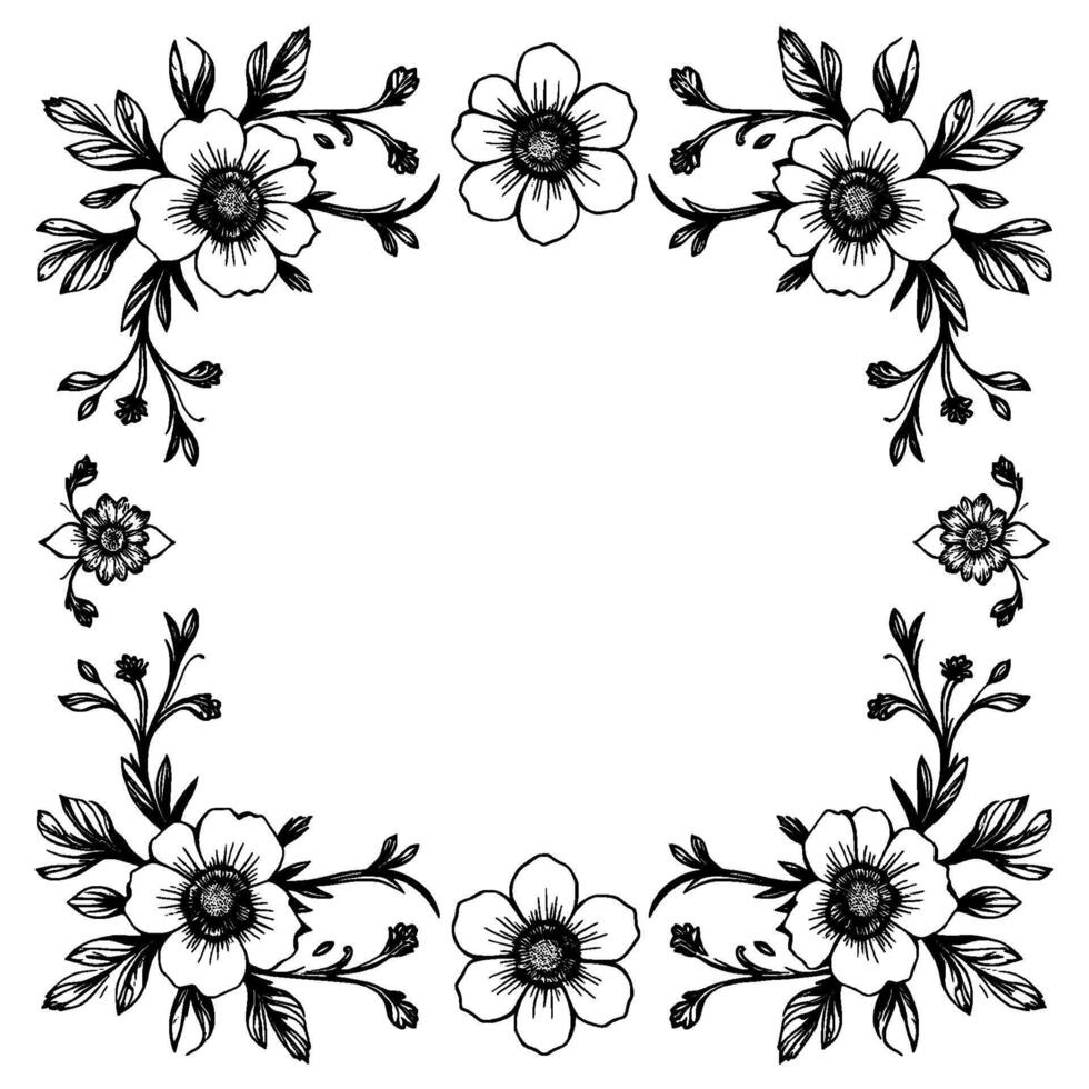 elegant black and white floral border composition with daisylike flowers, leaves, and twigs, forming a square frame on white background. vector