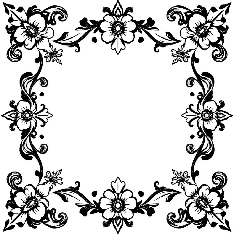 intricate floral frame in black and white symmetrical ornamental , blossoms with vines, curls, and dots, with blank center. vector
