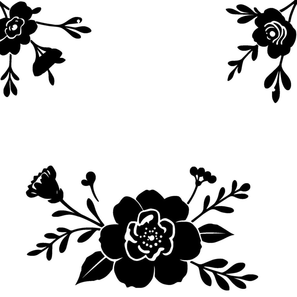 elegant floral frame illustration black outline of stylized blossoms, leaves, and buds arranged in a decorative composition on a white background. vector