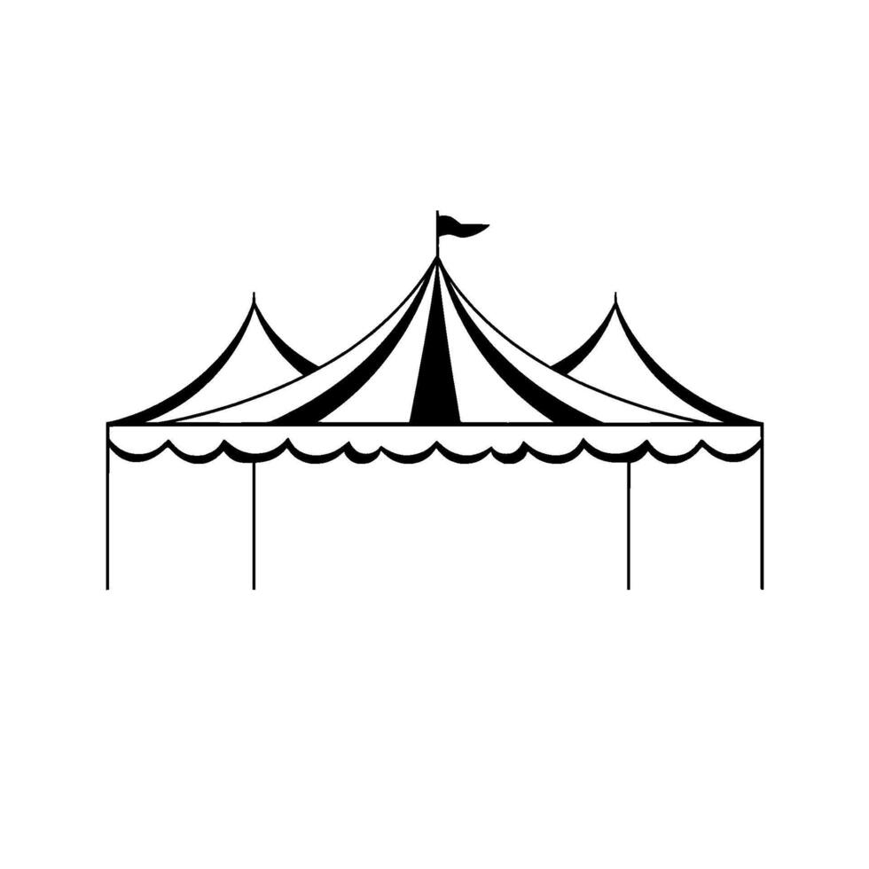 striking minimalist circus tent illustration, black white, overhead view, scalloped edge, simple , flag detail. vector
