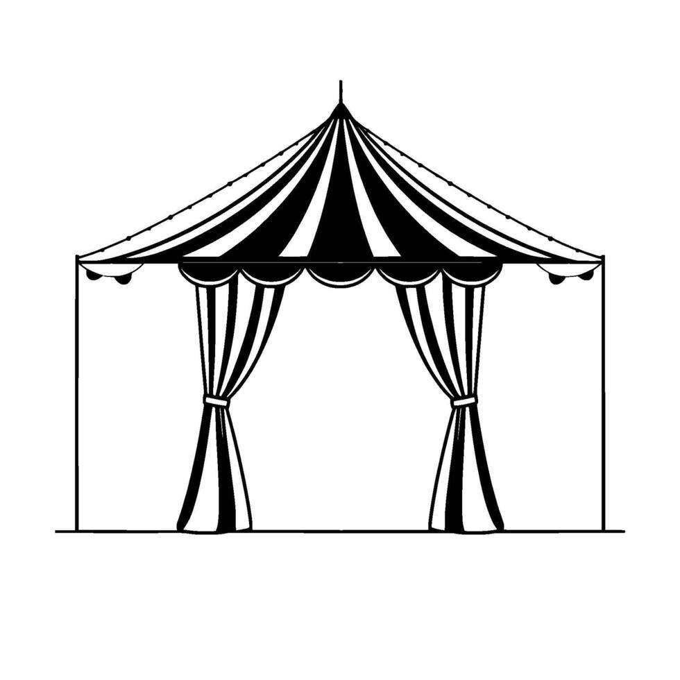 black and white vintage circus tent with striped roof, draped curtains, and string lights, isolated on white. vector