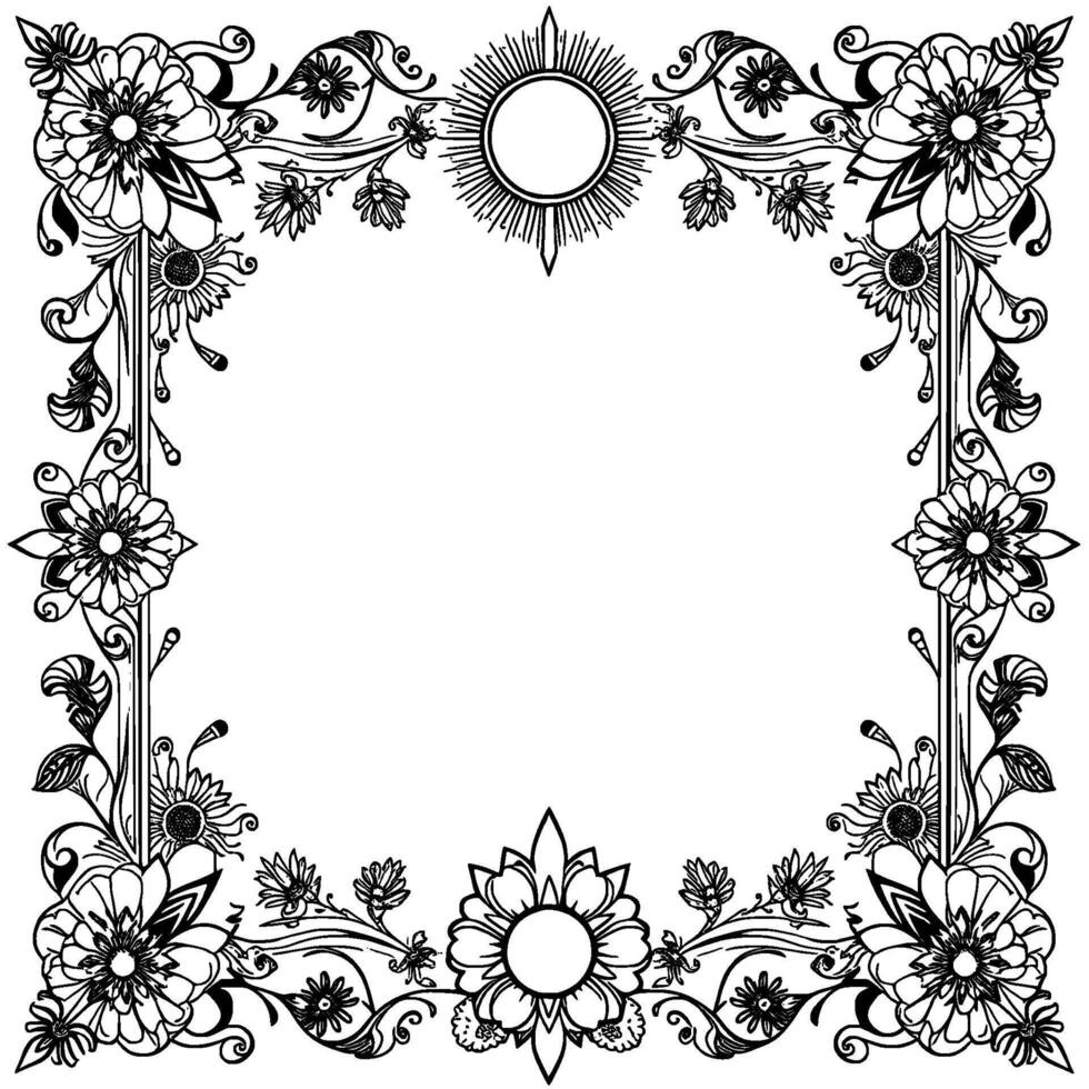 intricate black and white floral frame illustration featuring sunburst element and detailed botanical borders with negative space for text. vector