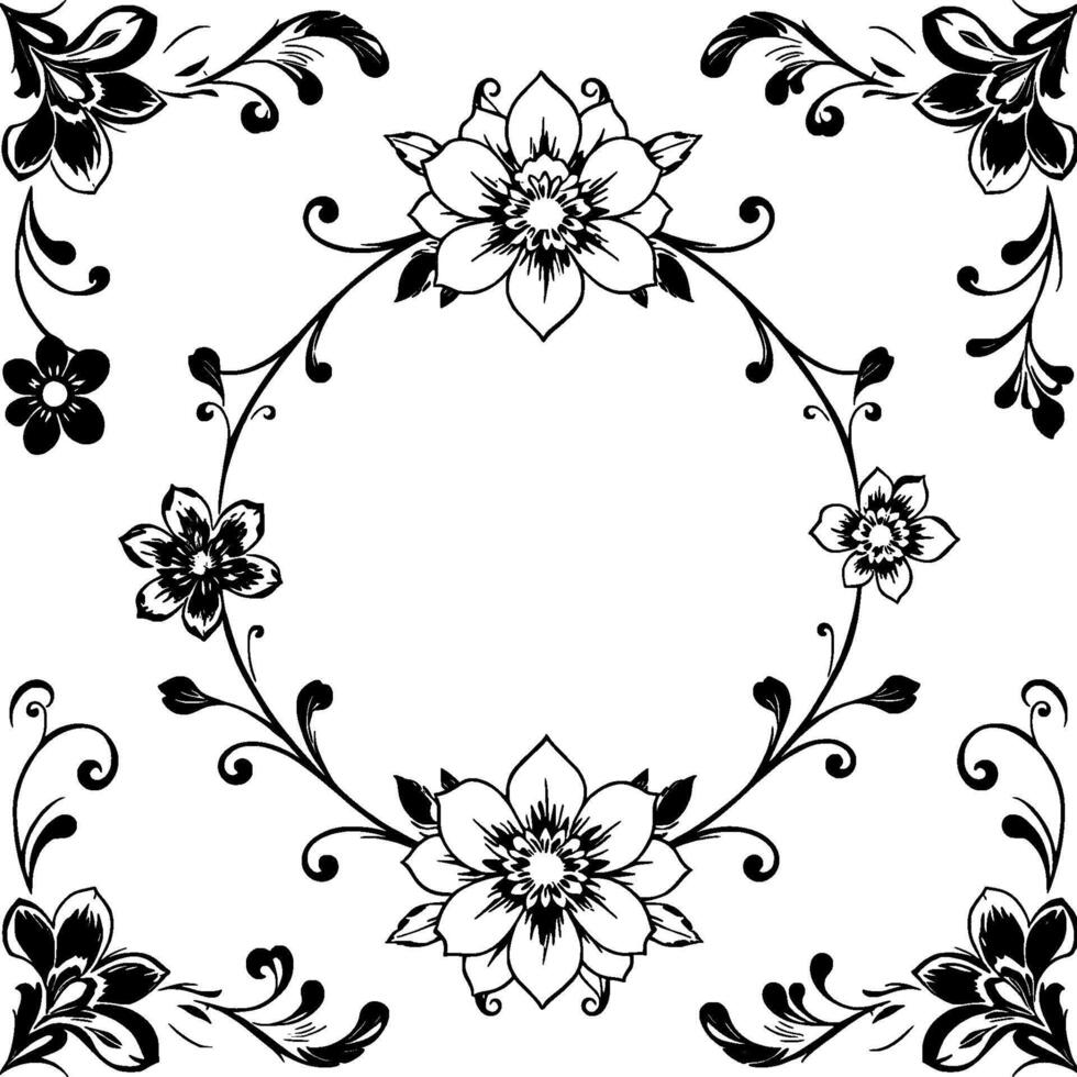 elegant black white floral frame with decorative vines and swirls, symmetrical . vector
