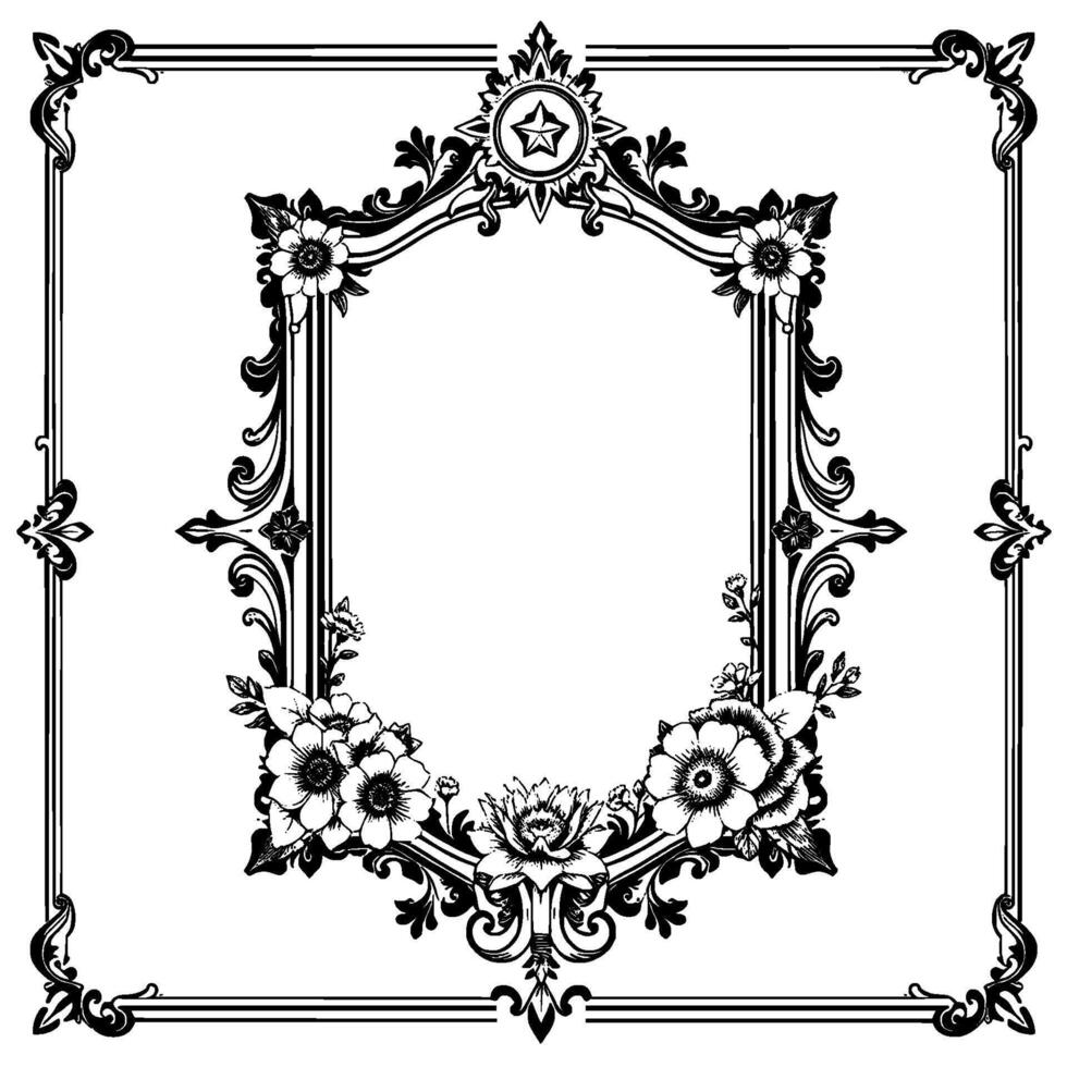 intricate black and white floral frame with star embellishment, bordered with ornate decorative elements. vector