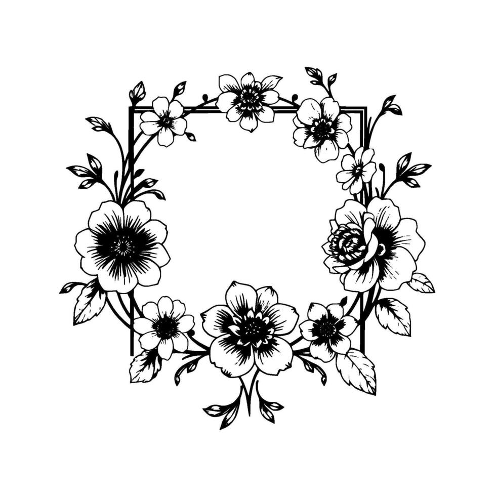 elegant black and white floral frame detailed botanical illustration with square center, leafy vines, and delicate blossoms. vector