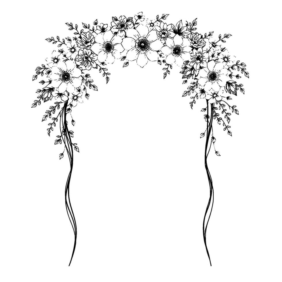elegant floral arch with detailed line art depicting an array of blossoms and delicate foliage, evoking a graceful, timeless aesthetic on white. vector