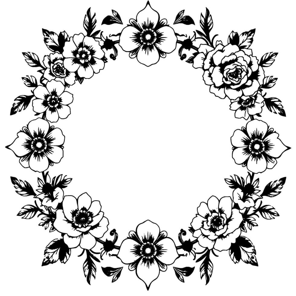 elegant floral wreath illustration detailed black and white drawing of various flower types and leaves arranged in a circular, symmetrical frame on a white background. vector