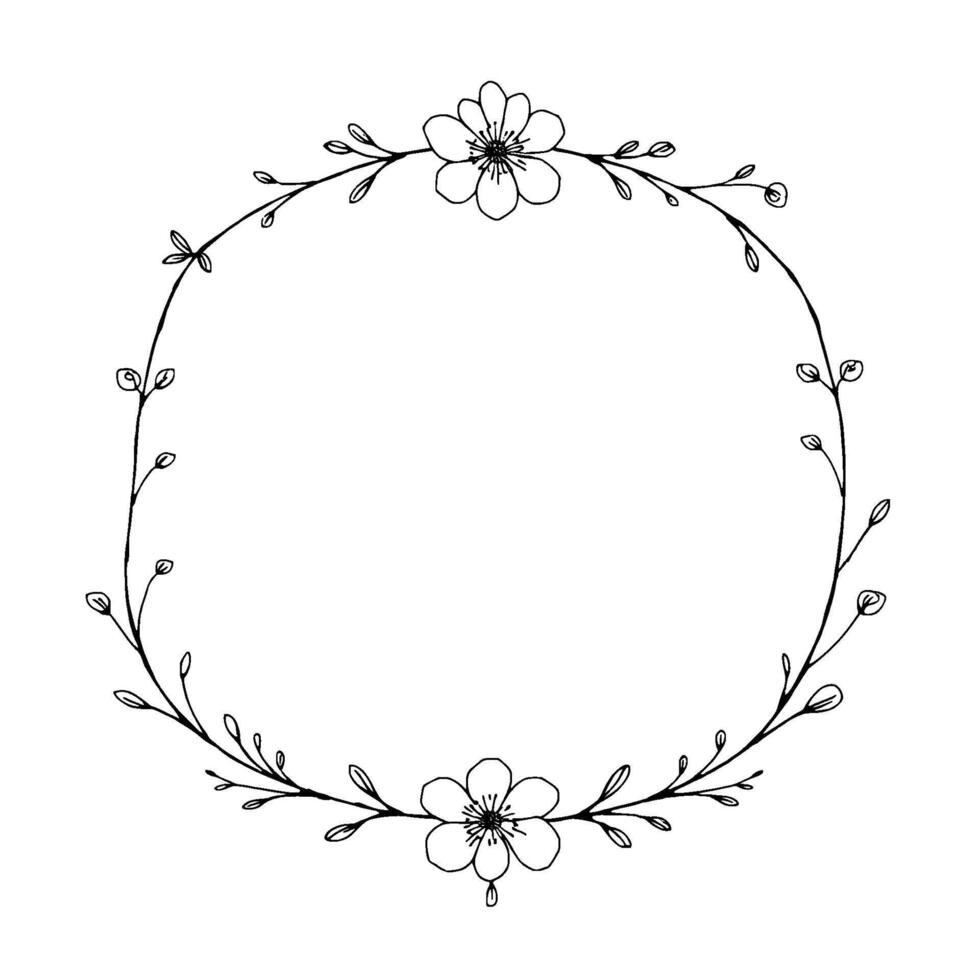 elegant handdrawn floral wreath with delicate flowers and leafy sprigs, perfect for invitations or decorative elements, on a white background. vector