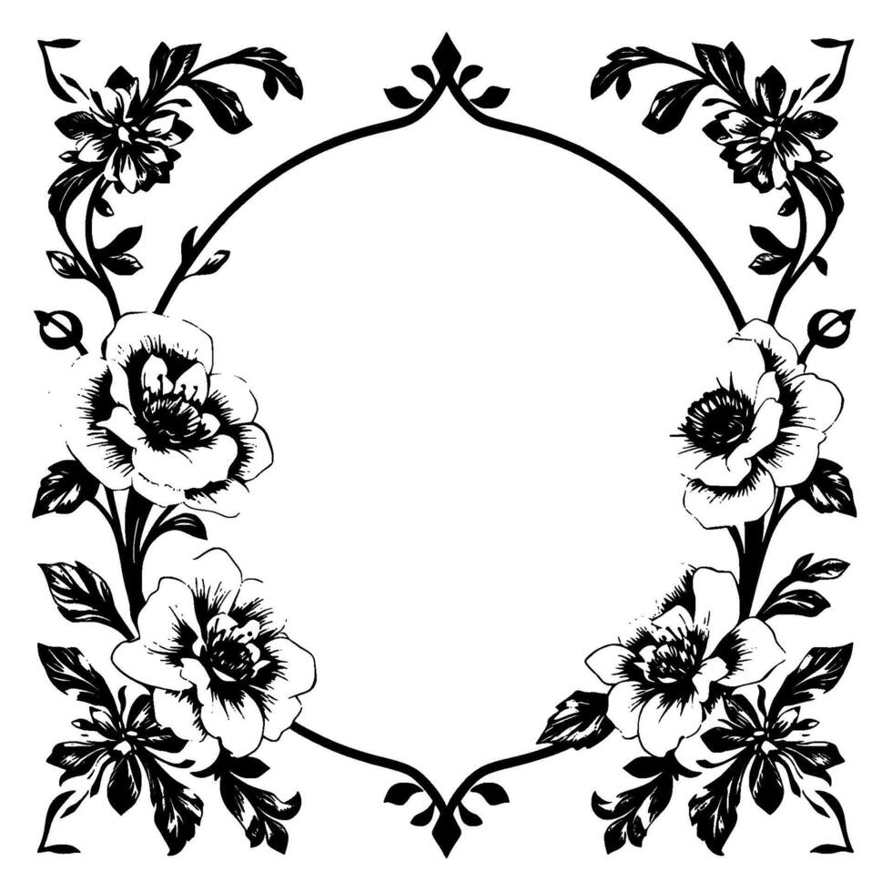 ornate floral frame in black and white stylized blossoms and botanical elements surround circular opening vector