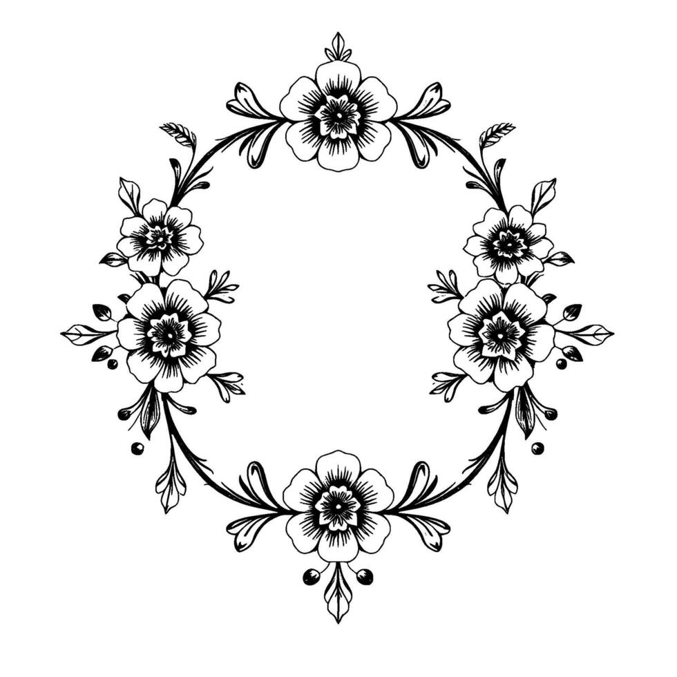 detailed black and white floral wreath illustration featuring delicate petals, leaves, and berries, forming an elegant circular frame. vector