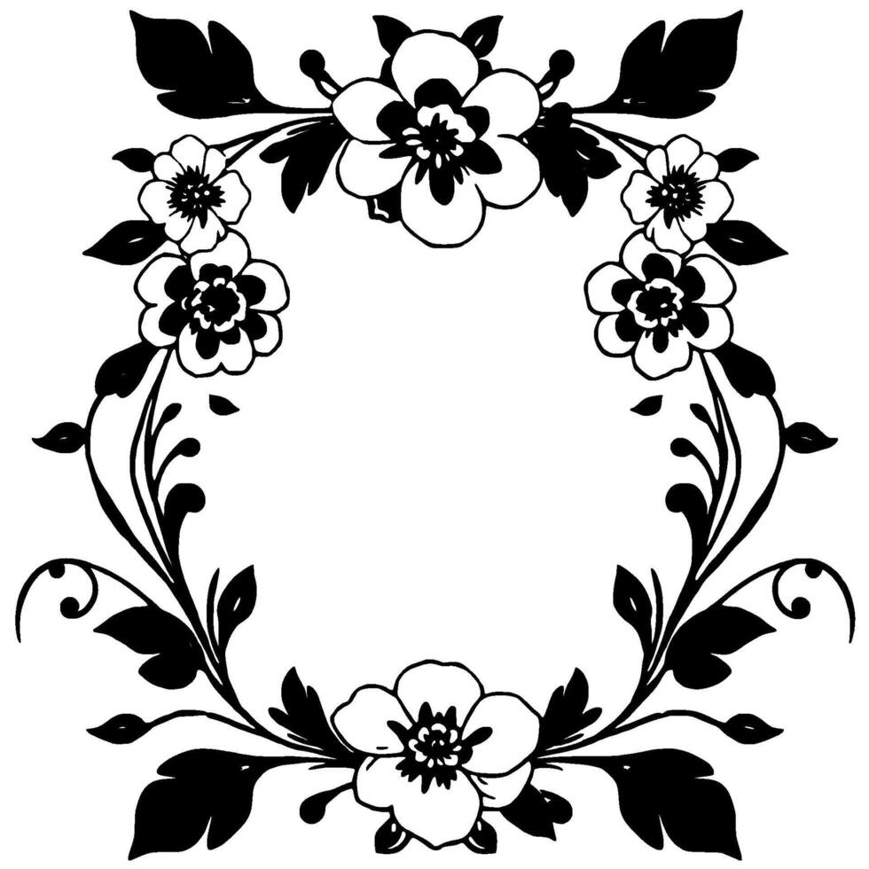 black and white floral wreath a symmetrical botanical with detailed blossoms, leaves, and swirling vines forming an elegant, circular frame. vector