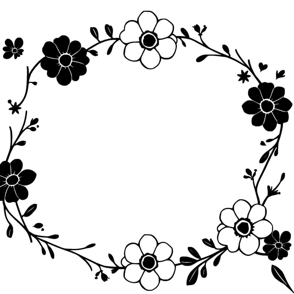 elegant black and white floral wreath with detailed outlines, leaves, and decorative elements on a clean white background. vector