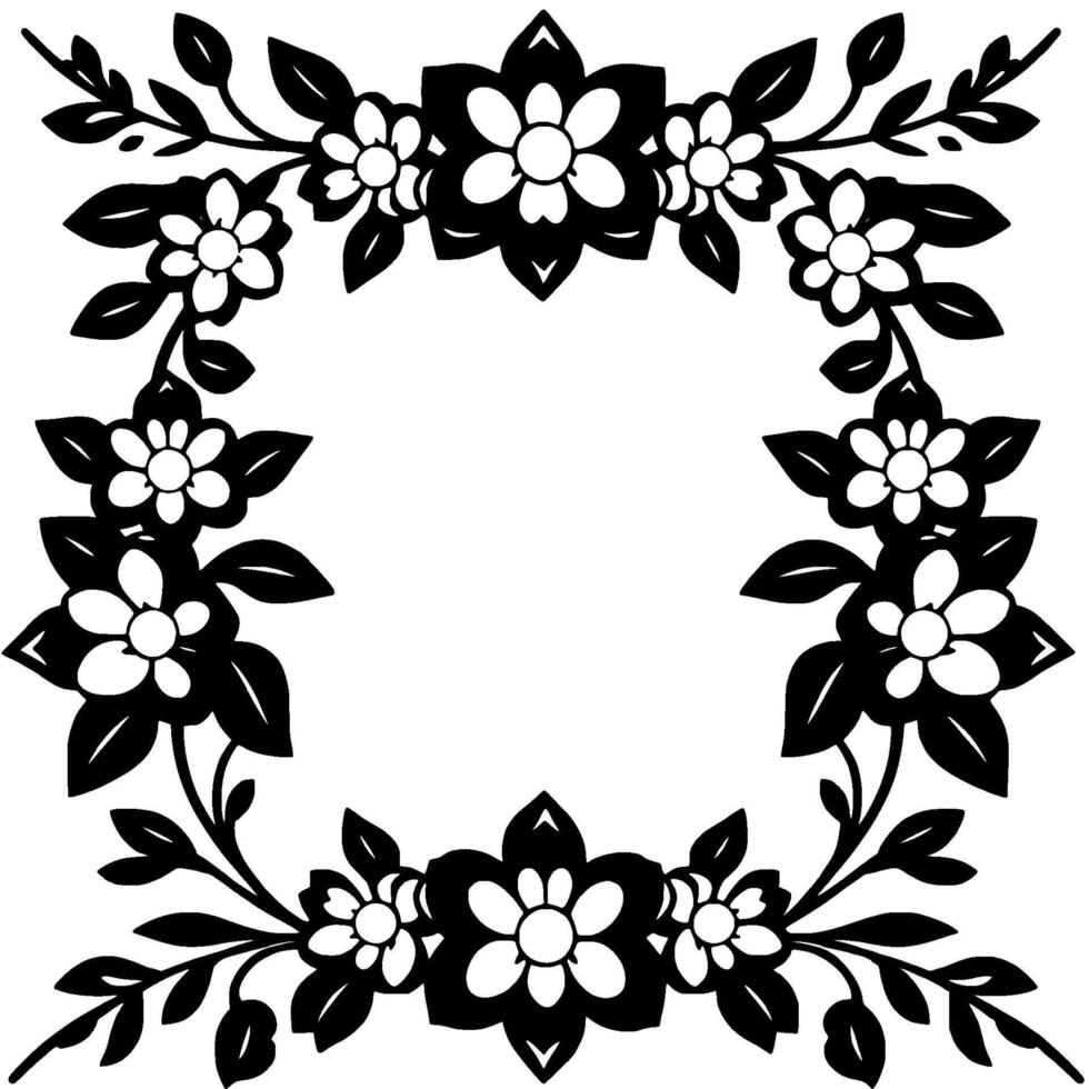 black and white floral wreath elegant, symmetrical arrangement of stylized flowers, leaves, and vines encircling empty space. vector