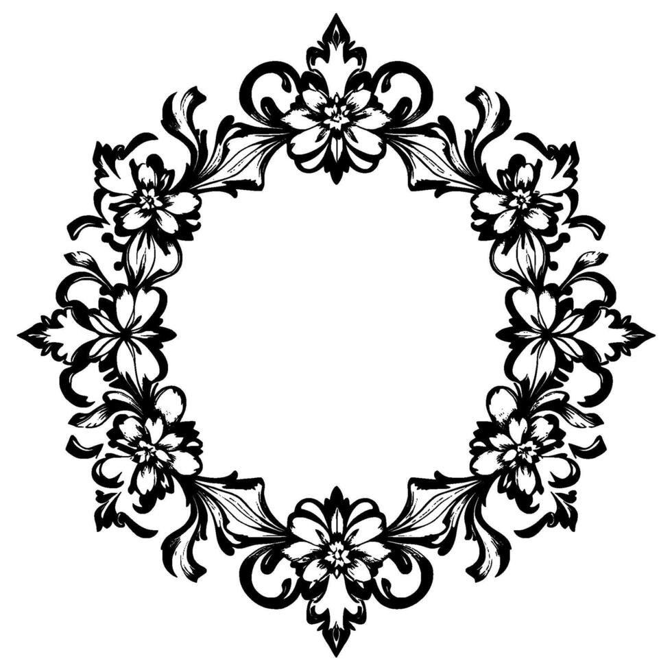 intricate black and white floral frame with detailed leaves and blossoms, offering a decorative border for text or imagery. vector