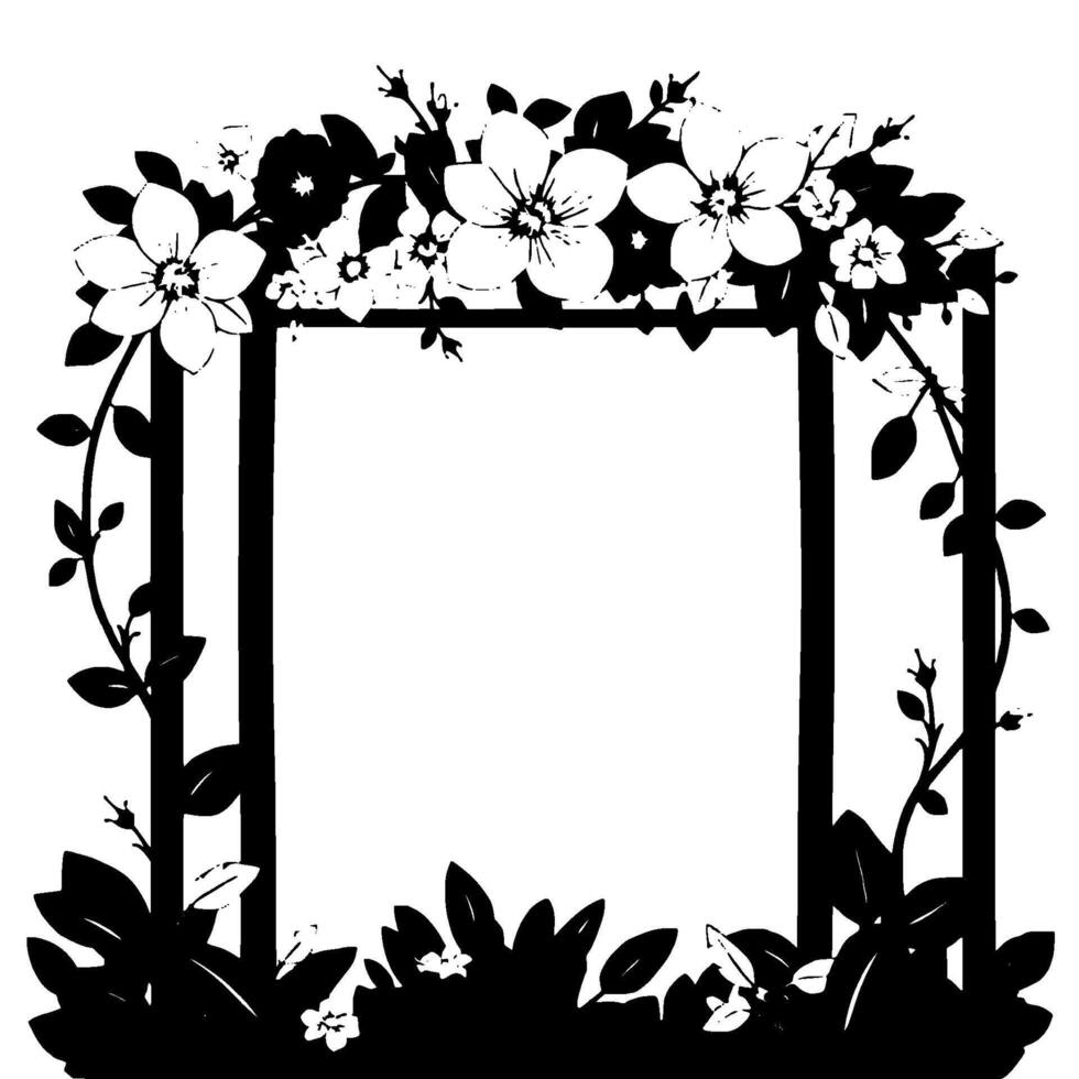 black and white floral rectangular frame with a natural botanical border filled with flowers and leaves. vector