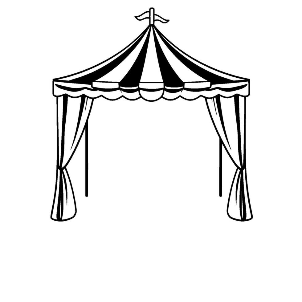 black and white illustration of a vintage circus tent, canopy structure with striped roof, curtains, and a decorative flag, isolated on white. vector
