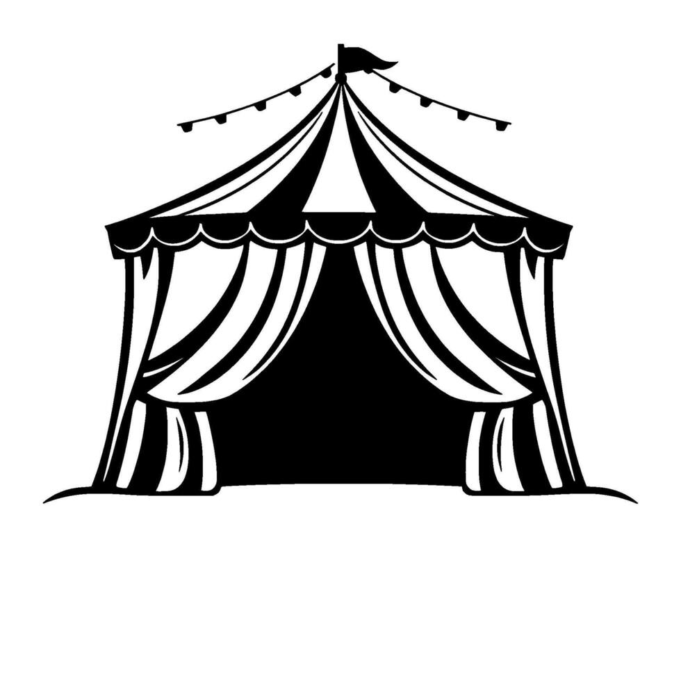 bold black and white circus tent illustration with curtains, flag, and string lights, isolated on white. vector