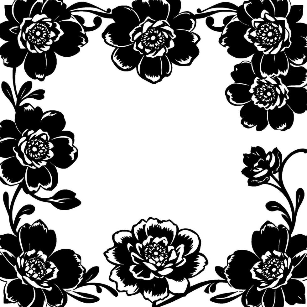 elegant floral frame in black and white, featuring detailed peony blooms and intricate leafy vines, ideal for decorative use. vector