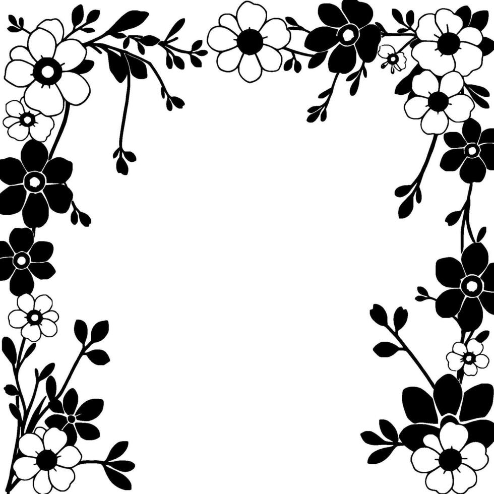 elegant black and white floral frame delicate blossoms and leaves arranged in a decorative corner border. vector
